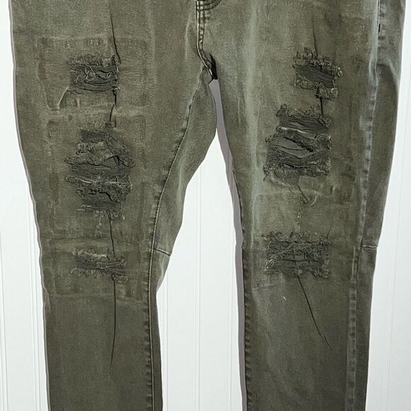 Grindhouse Jeans Men 40X34 Green Denim Distressed Ripped Stained Destroyed Zip - Picture 4 of 10